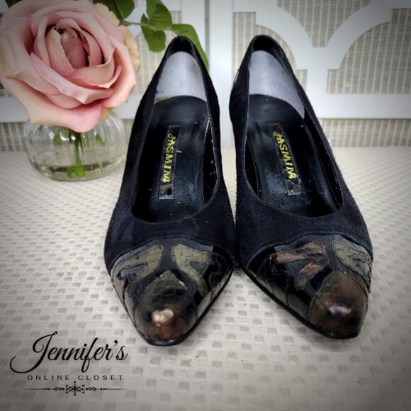 Jasmin Vintage Women's Black Suede and Snakeskin Heels Size 6B - Picture 3 of 13
